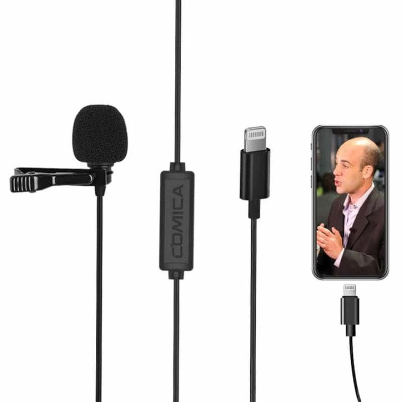 Microphone Lavalier COMICA pour smartphone Lightning 4,5 m, image avec le smartphone