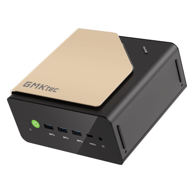 GMKtec EVO-T1 Mini PC negro con tapa dorada, frontal con botón de encendido, 3 puertos USB 3.0 y USB-C, diseño compacto y minimalista
