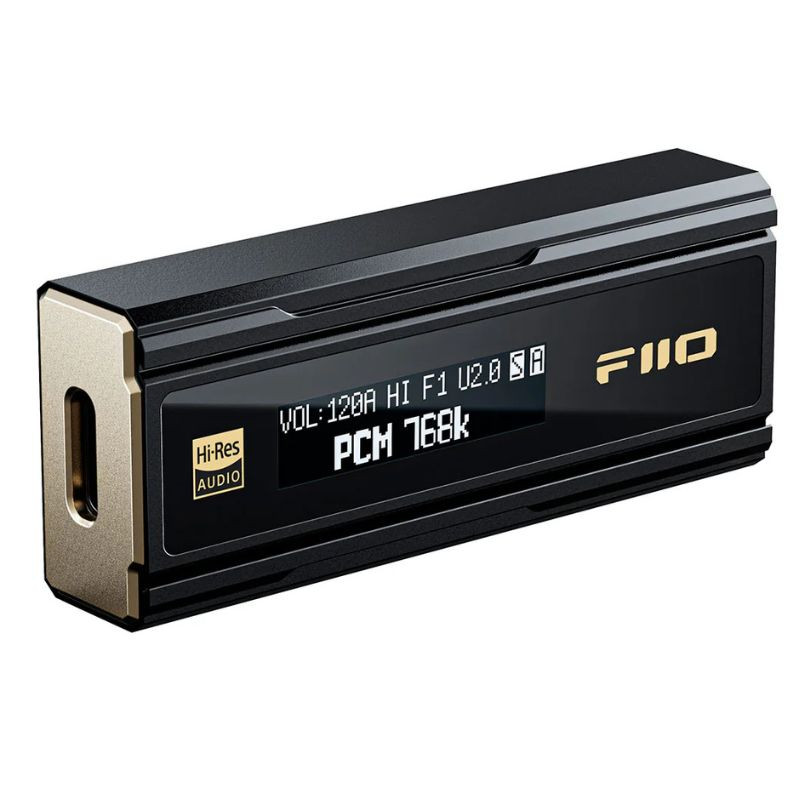 FiiO KA5 – Amplificateur/DAC portable noir, boîtier anguleux métal, écran OLED latéral affichage PCM/DSD, logo Hi-Res, finitions dorées élégantes. - Ítem1