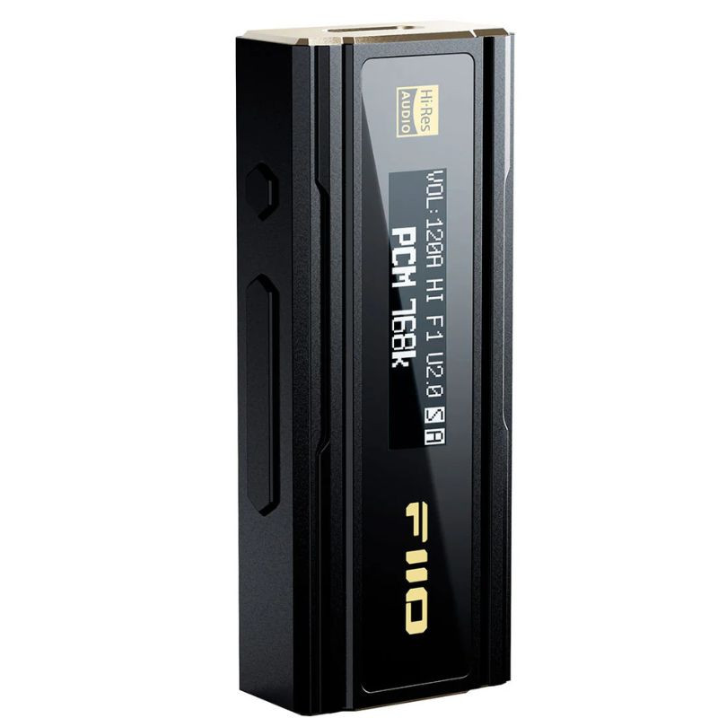 FiiO KA5 – Amplificateur/DAC portable noir, boîtier anguleux métal, écran OLED latéral affichage PCM/DSD, logo Hi-Res, finitions dorées élégantes. - Ítem