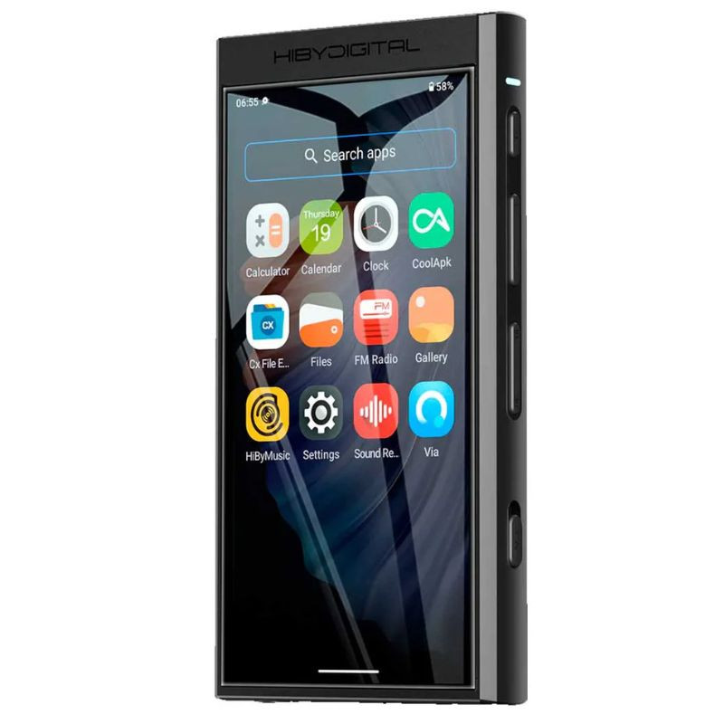 HiBy Digital M300 32 Go noir : lecteur Hi-Res avec grand écran tactile, bords anguleux, boutons latéraux, interface colorée et icônes multimédia. - Ítem1