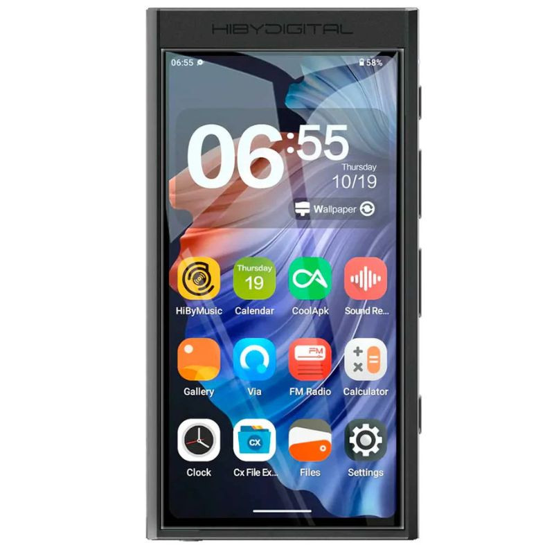 HiBy Digital M300 32 Go noir : lecteur Hi-Res avec grand écran tactile, bords anguleux, boutons latéraux, interface colorée et icônes multimédia. - Ítem