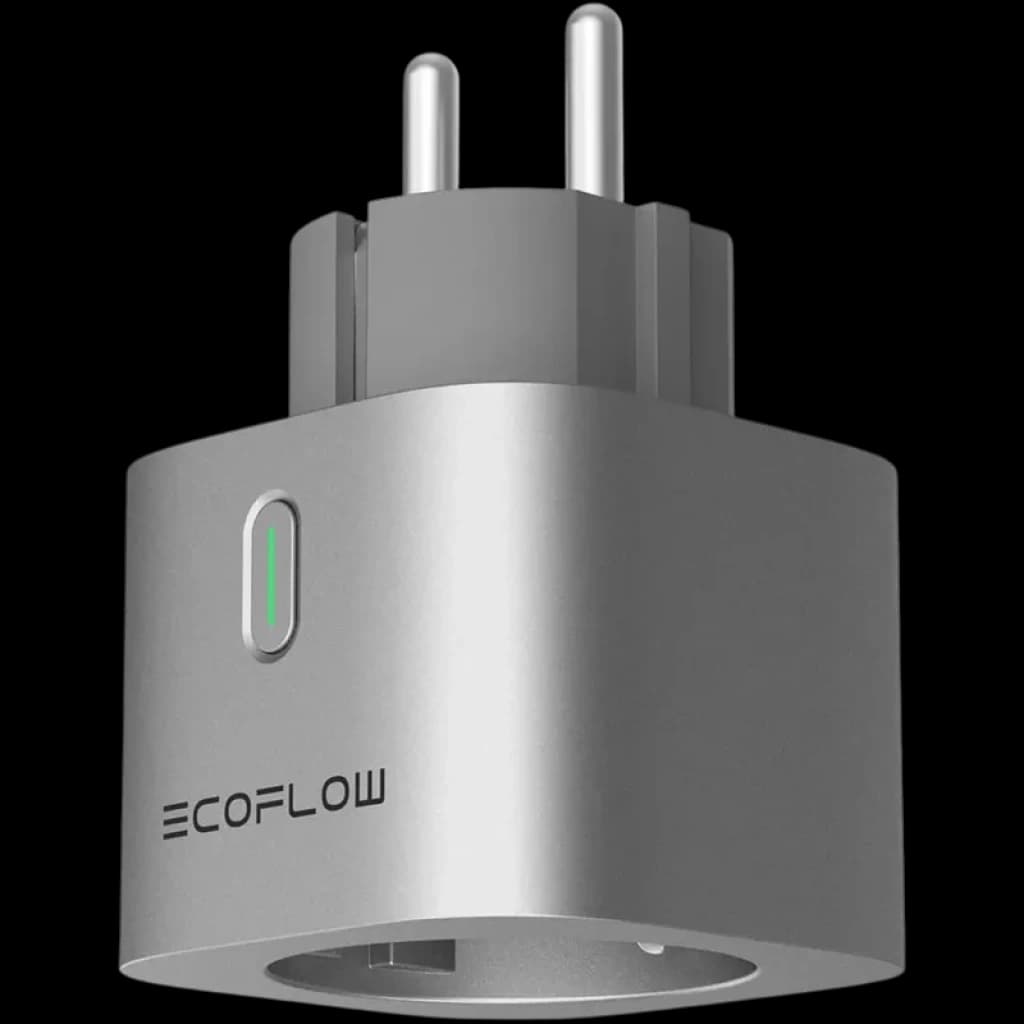 EcoFlow Smart Plug – Prise intelligente compacte gris métal, prise murale EU avec voyant LED vert, corps carré arrondi et connecteurs robustes