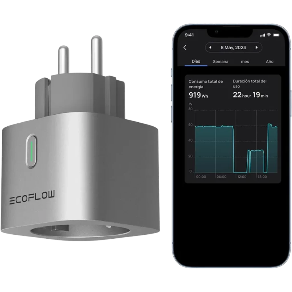 EcoFlow Smart Plug – tomada inteligente cinza com corpo cúbico, LED lateral verde, pinos tipo Schuko e tomada frontal, design compacto e moderno - Item6