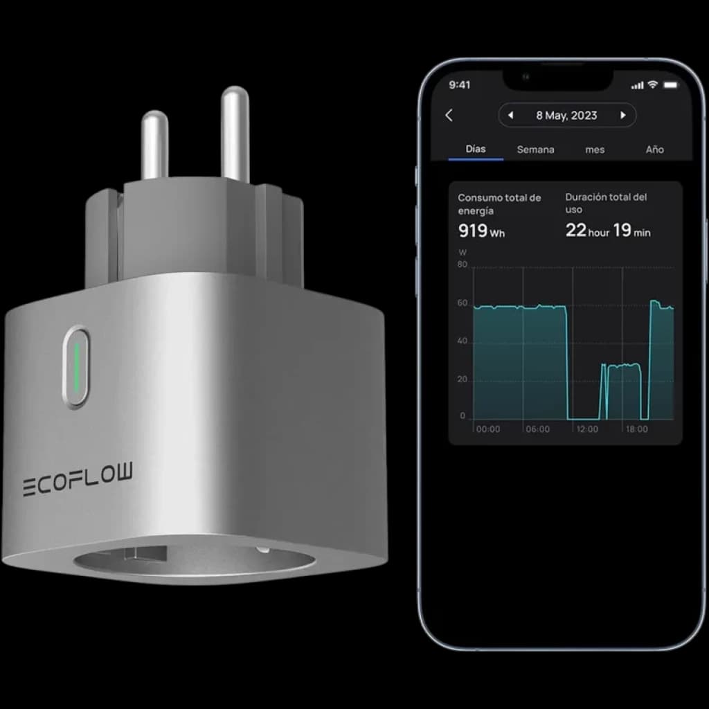EcoFlow Smart Plug – Prise intelligente compacte gris métal avec LED d’état verte, broches Schuko, affichage de consommation via app mobile sur écran
