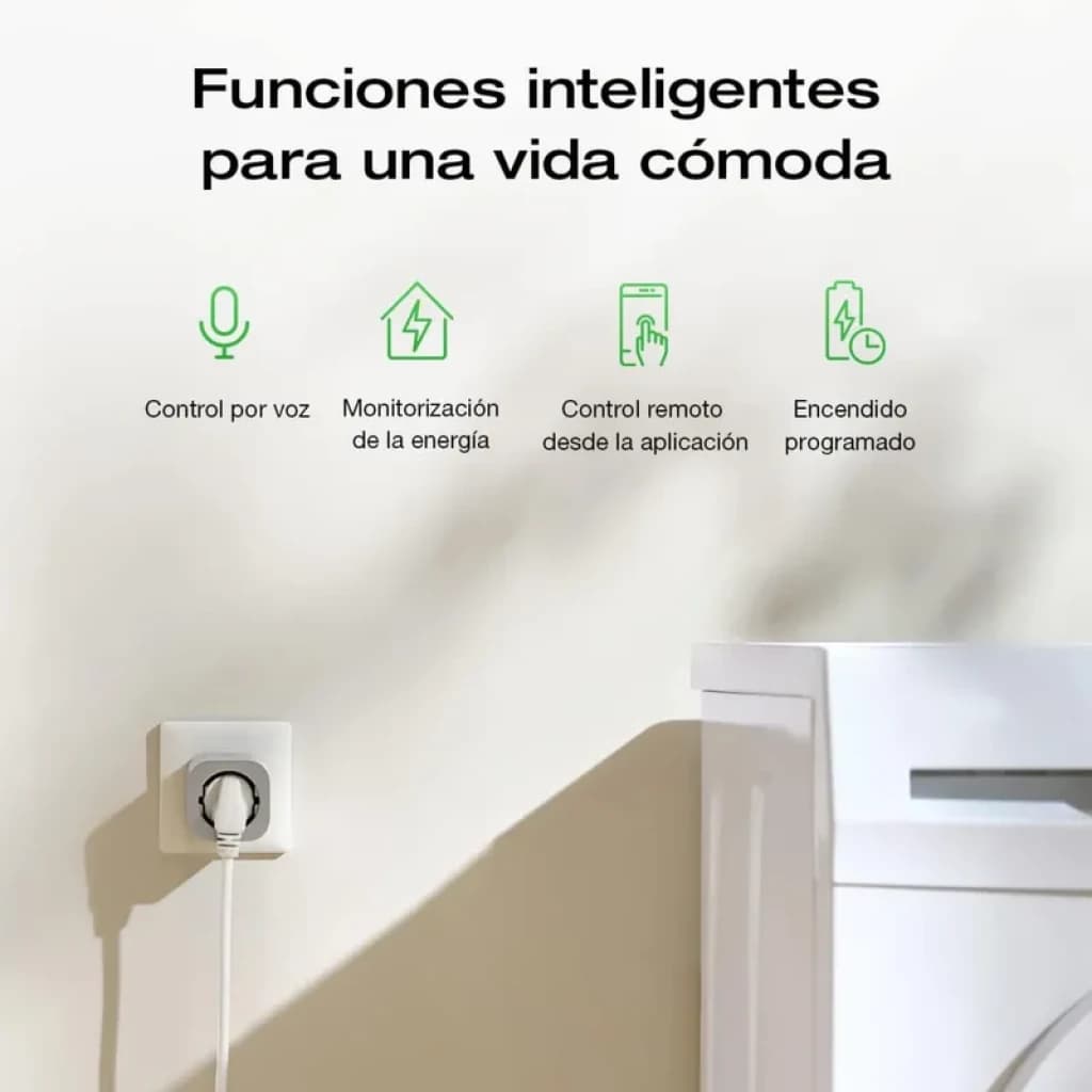 EcoFlow Smart Plug – Prise intelligente blanche murale avec LED, prise latérale et câble branché; icônes indiquant voix, suivi énergie, app et minuteur