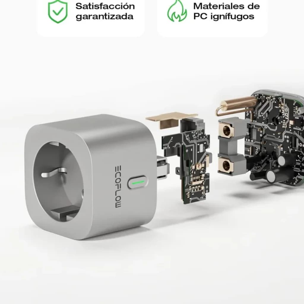 EcoFlow Smart Plug – Prise intelligente grise, vue éclatée montrant circuits internes, voyant LED vert, boîtier compact en PC ignifuge, broches robustes