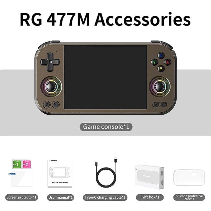 Consola Portátil Anbernic RG 477M 8GB/128GB Negro con carcasa metálica, pantalla central, dos joysticks, cruceta, botones ABXY y puertos USB‑C