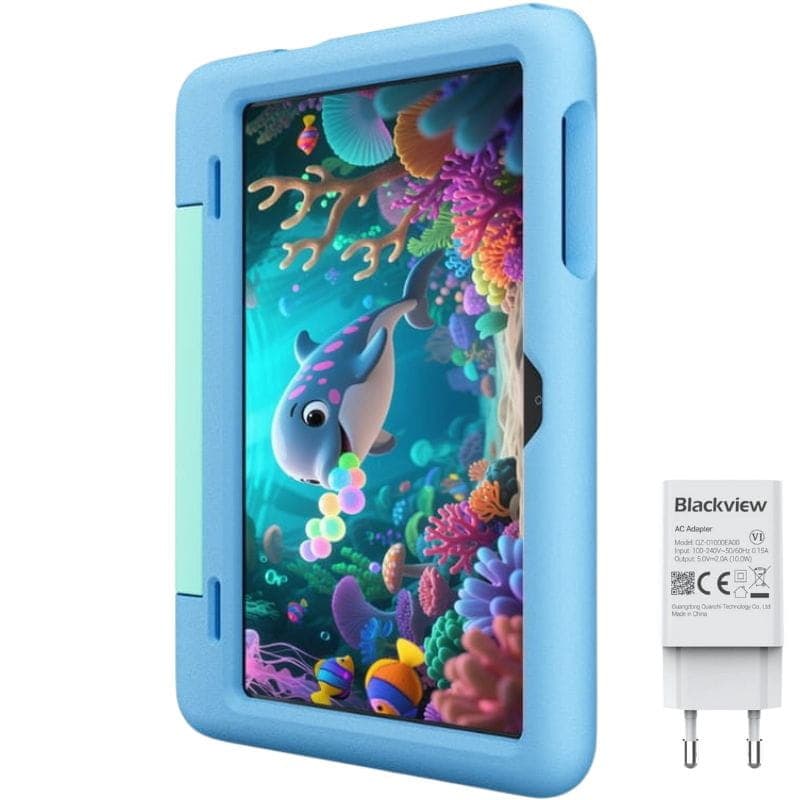 Blackview Tab 20 Kids 10,1" azul com capa infantil robusta em espuma, alça lateral e ecrã com animação colorida; inclui carregador de parede.