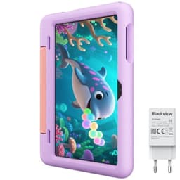 Capa infantil roxa para tablet 10,1" com bordas grossas, alça lateral rosa e recorte para câmera; inclui carregador Blackview de tomada europeia.