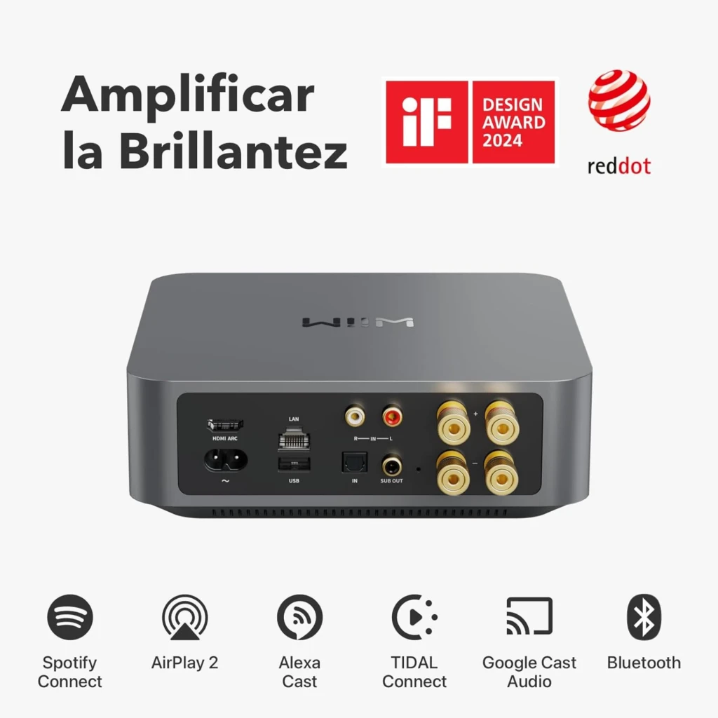WiiM Amp Amplificador Streaming Estéreo 24 bits/192 kHz en gris oscuro, diseño compacto con perilla frontal grande y barra LED de volumen horizontal - Ítem4