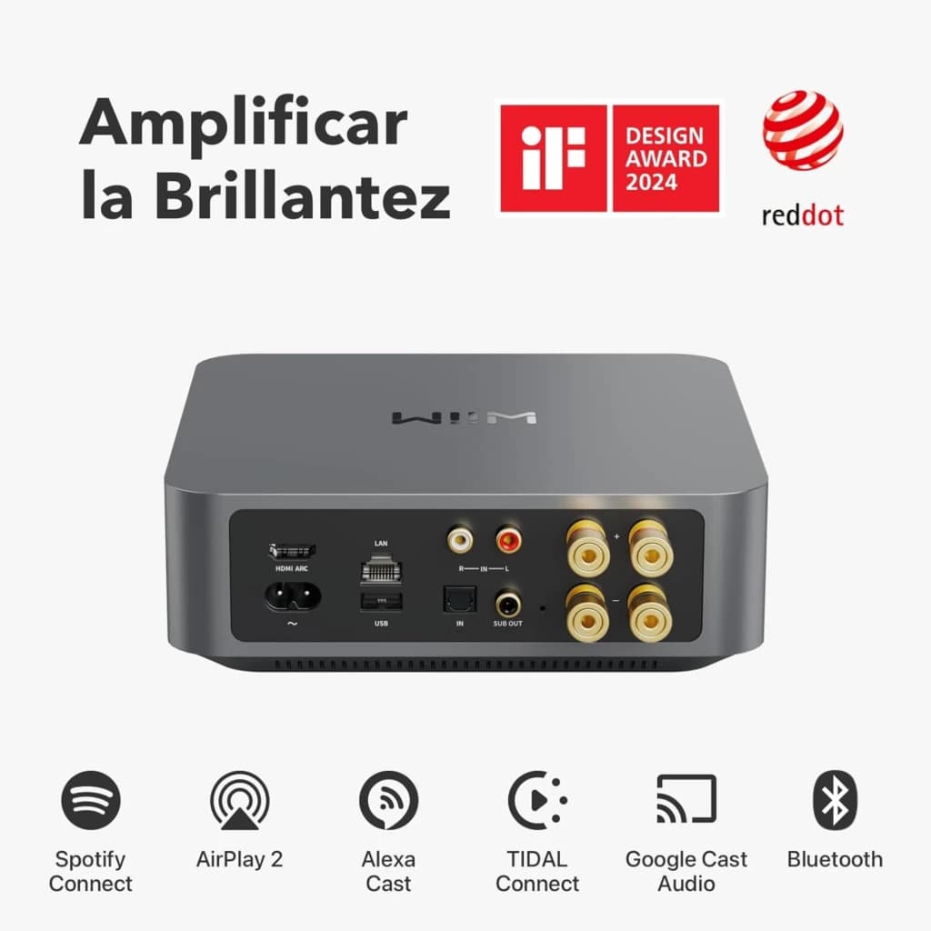 WiiM Amp gris oscuro con chasis compacto, perillas y puertos traseros RCA, coaxial, óptico, USB, Ethernet y bornes de altavoz; logos Spotify, AirPlay 2 y más