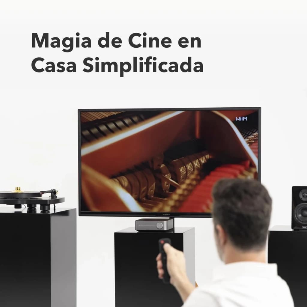 WiiM Amp Amplificador Streaming Estéreo 24 bits/192 kHz Gris Oscuro con perilla frontal, pantalla central y control remoto; compacto y elegante