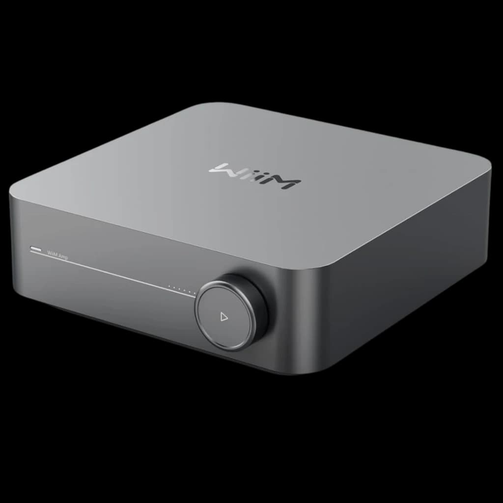 WiiM Amp Amplificador Streaming Estéreo 24 bits/192 kHz en gris oscuro, diseño compacto con perilla frontal grande y barra LED de volumen horizontal