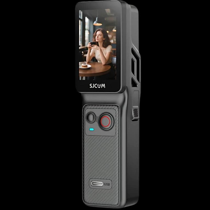Caméra d’action portable SJCAM C400 Noir avec grand écran vertical, boîtier compact, bouton rouge d’enregistrement, texture carbone et port USB intégré