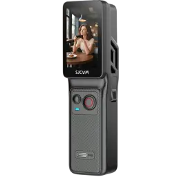 Caméra d’action portable SJCAM C400 Noir avec grand écran vertical, boîtier compact, bouton rouge d’enregistrement, texture carbone et port USB intégré