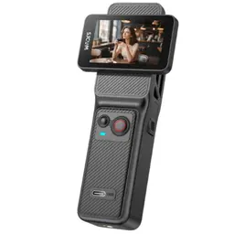 Caméra d'action portable SJCAM C400 Noir avec écran pivotant, boîtier compact texturé, bouton d'enregistrement rouge, micro intégré et port USB-C