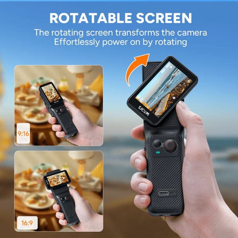 Caméra d’action portable SJCAM C400 Noir avec écran rotatif 360°, poignée ergonomique, double objectif avant, format 9:16 et 16:9, finition carbone