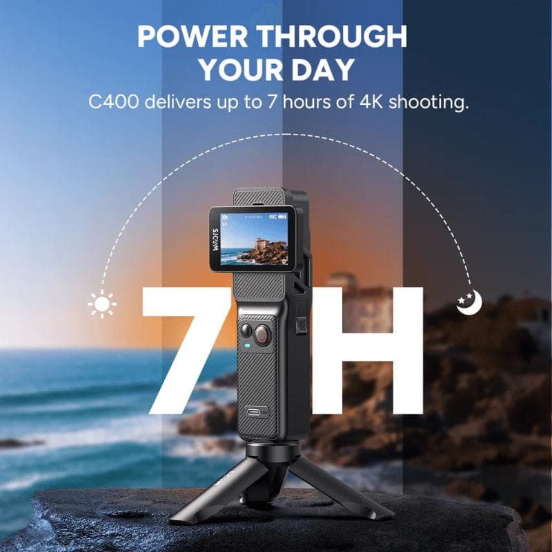 Caméra d action portable SJCAM C400 Noir avec écran rotatif, boîtier compact texturé, bouton rouge, trépied pliable et autonomie jusqu à 7 h de prise de