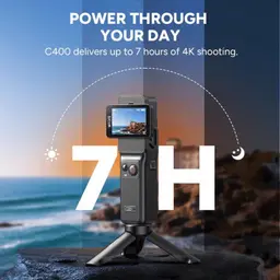 Caméra d action portable SJCAM C400 Noir avec écran rotatif, boîtier compact texturé, bouton rouge, trépied pliable et autonomie jusqu à 7 h de prise de
