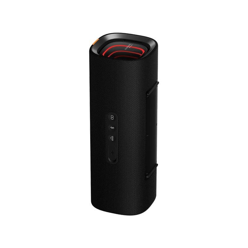 Xiaomi Sound Party 50W 26h Autonomia IP67 Altifalante bluetooth cilíndrico preto com grelha têxtil, botões laterais e luz LED vermelha na borda superior