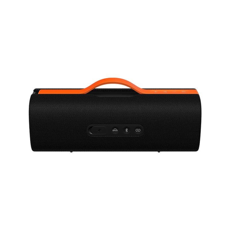 Xiaomi Sound Party 50W com alça laranja, corpo preto em malha, botões laterais, LEDs e porta USB protegida; compacto, robusto, IP67 e até 26h de autonomia