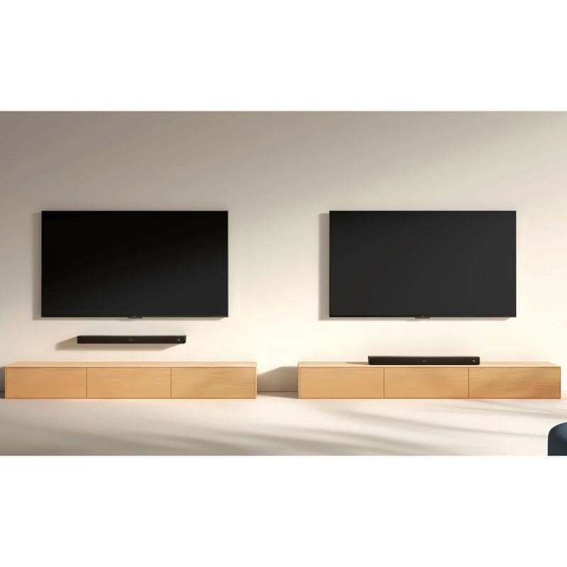 Xiaomi Soundbar Pro 2.0 ch, imagem colocada na parede e em um móvel