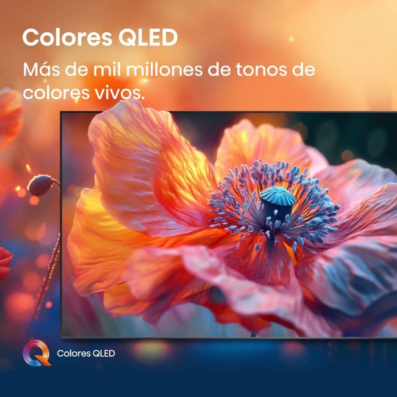 Tela QLED 50" 4K Ultra HD com cores vibrantes e detalhes nítidos; moldura fina em preto e suporte elegante. Wi‑Fi e Smart TV integrados.