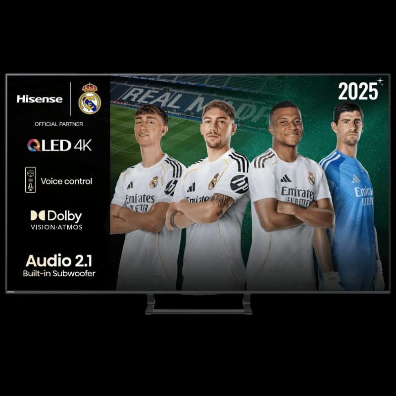 Hisense A7Q 50A7Q 50" 4K QLED preto, Dolby Vision-Atmos, áudio 2.1 com subwoofer, controlo por voz, Wi‑Fi e parceria Real Madrid 2025+