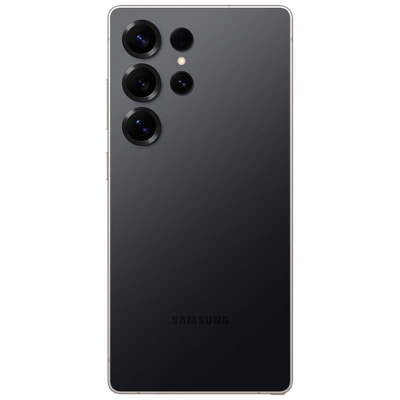 Samsung Galaxy S25 Ultra 5G negro titanio renovado, estado excelente. Trasera elegante con cuatro cámaras grandes y flash, acabado mate premium.