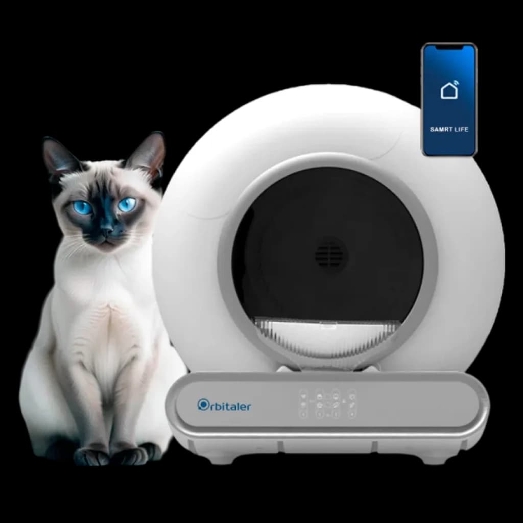 Vista frontal del Orbitaler Yupiter AstroClean 6600 Smart Litter Compact, con imagen de un gato y smartphone con aplicación compatible