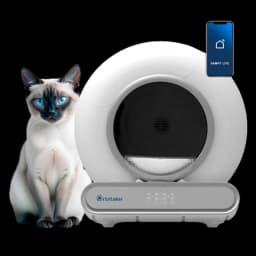 Vista frontal del Orbitaler Yupiter AstroClean 6600 Smart Litter Compact, con imagen de un gato y smartphone con aplicación compatible