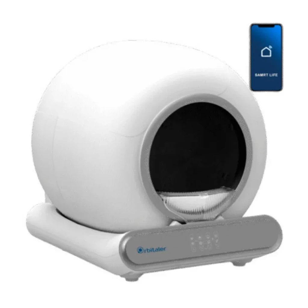 Vista frontal do Orbitaler Yupiter AstroClean 6600 Smart Litter Compact, com imagem de um gato e smartphone com aplicação compatível - Item1