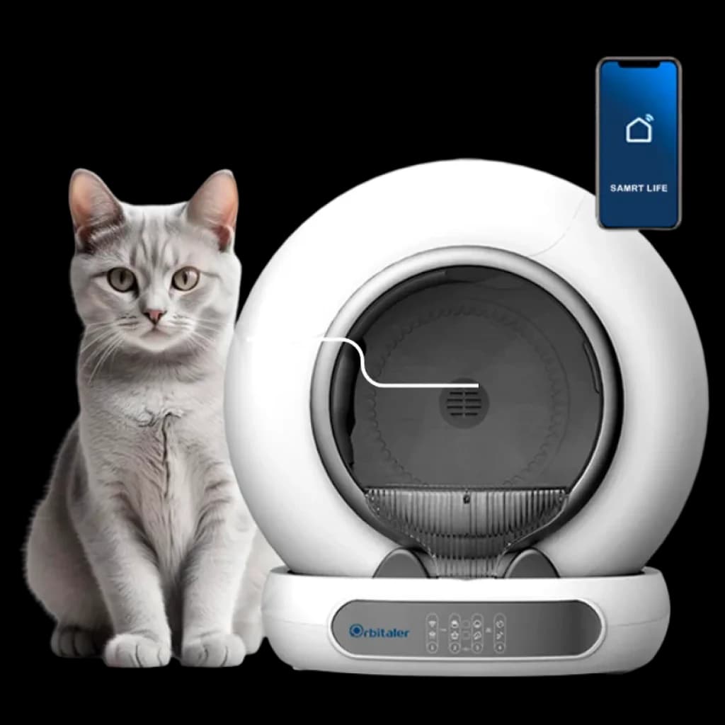 Vista frontal del Orbitaler Yupiter AstroClean 6700 Smart Litter Ultra Compact con gato visto de frente y smartphone con aplicación compatible