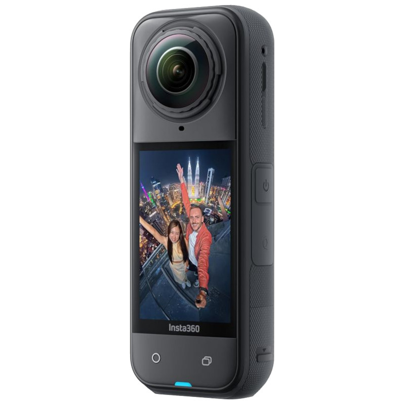Insta360 X5 Noir Minuit – caméra 360 compacte avec double objectif, grand écran tactile frontal, finitions noires texturées, boutons latéraux et LED - Ítem