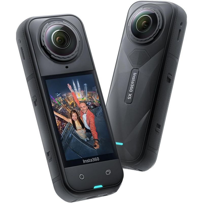 Insta360 X5 Noir Minuit – caméra 360 compacte avec double objectif, grand écran tactile frontal, finitions noires texturées, boutons latéraux et LED - Ítem1