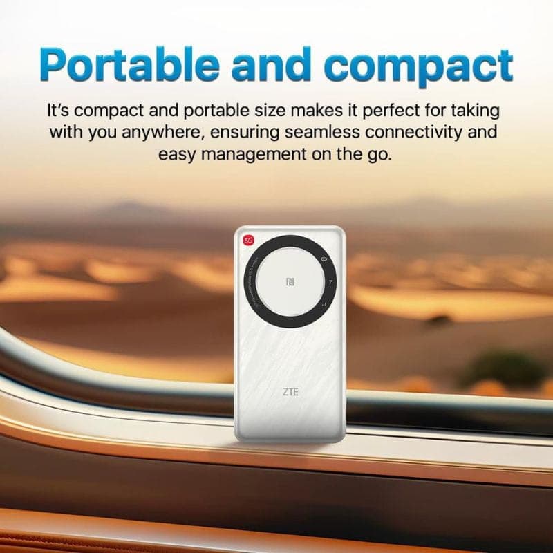 ZTE U30 Air 5G Wi-Fi doble banda – router compacto y portátil, acabado metálico plateado, lector NFC circular frontal, ideal para conectividad en movimiento