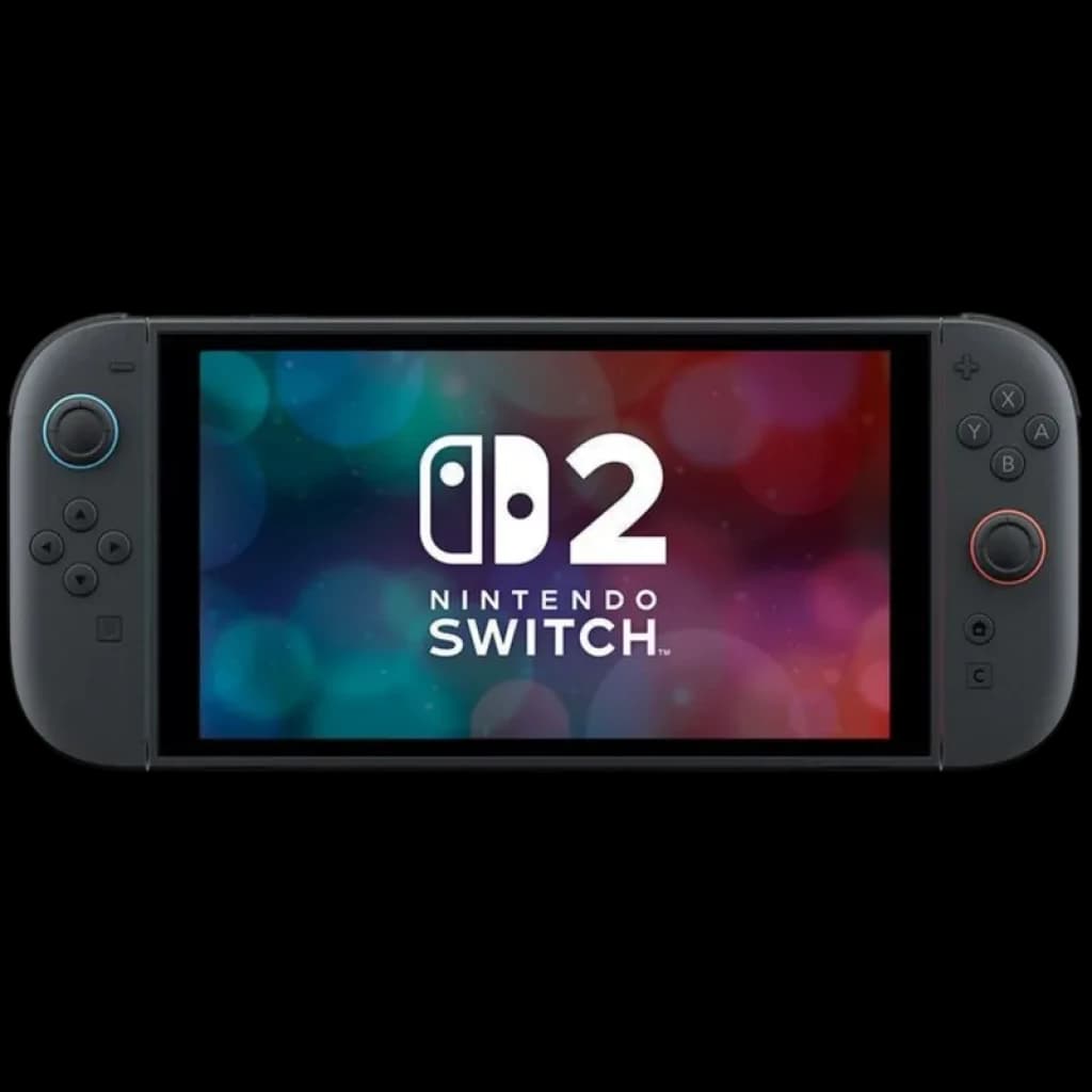 Console portátil preto com tela ampla ligada exibindo logo Nintendo Switch 2; botões coloridos, direcionais e analógicos nas laterais
