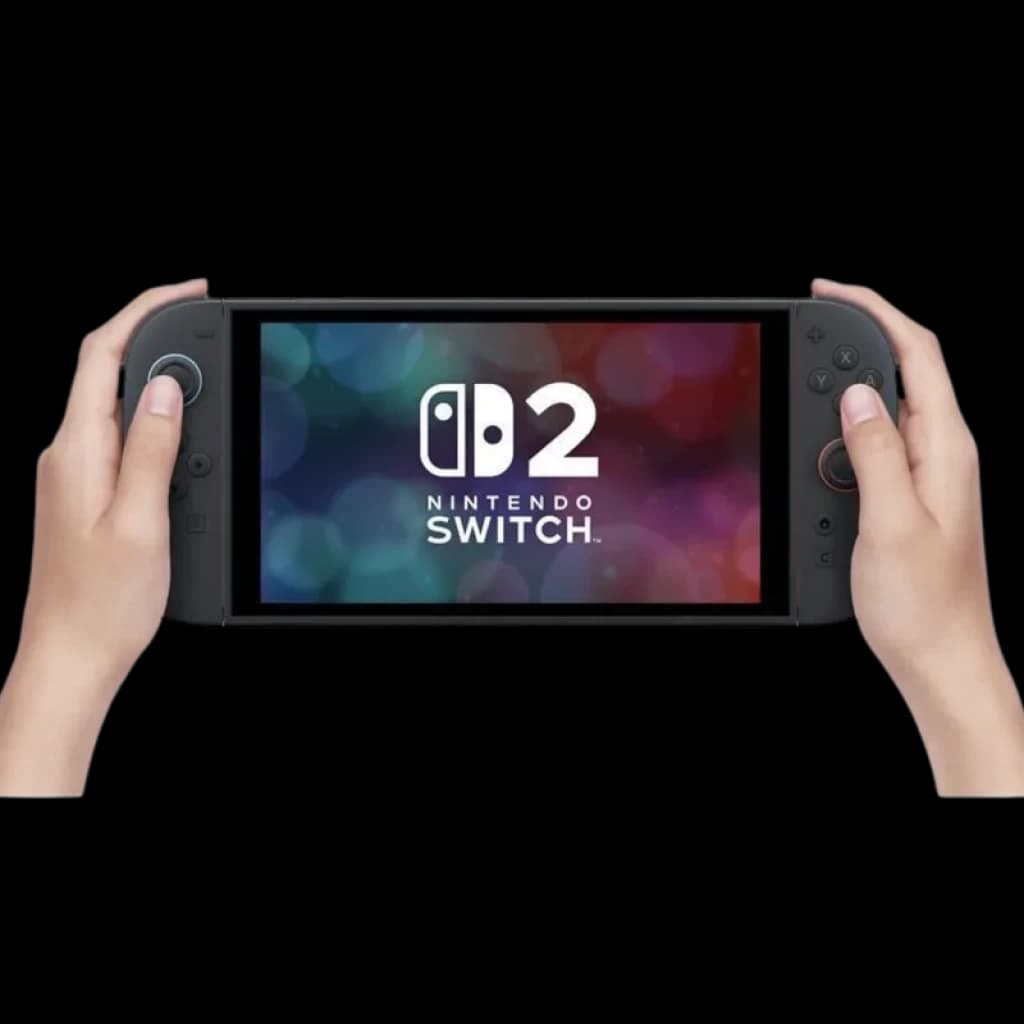 Console portátil Nintendo Switch 2 preto com tela ampla, Joy-Cons integrados e botões destacáveis, exibindo logotipo D2 no display iluminado