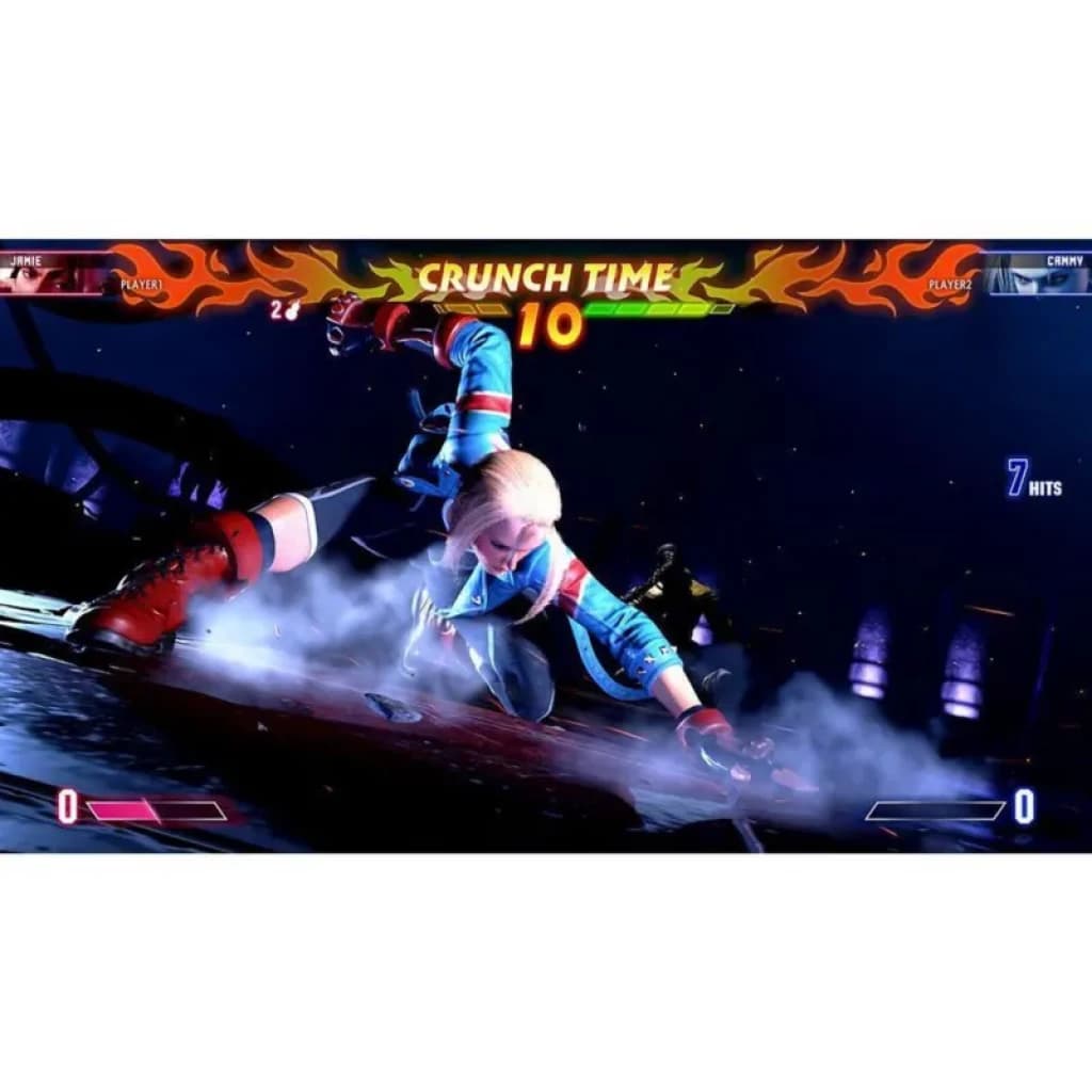 Tela de gameplay vibrante de luta em Street Fighter, com personagem loiro em ação, efeitos de fogo, contadores de hits e placar neon sobre fundo noturno