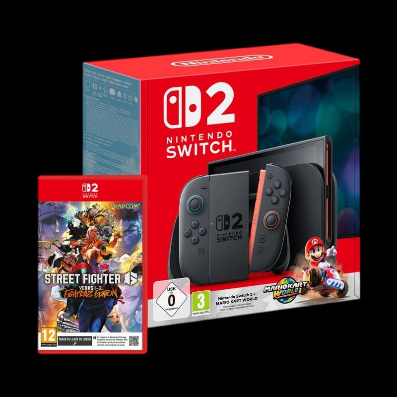 Console Nintendo Switch 2 com Joy‑Con cinza, caixa vermelha destacada, inclui Mario Kart World; à esquerda, caixa do Street Fighter 6 Years 1‑2 Fighters