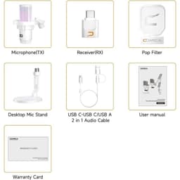 COMICA EJoy Uni Pro(D) Micrófono Inalámbrico de Condensador Cardioide RGB Blanco, contenido del paquete