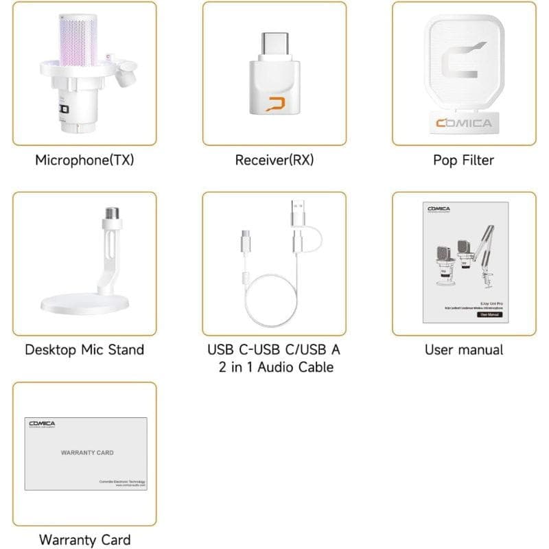 COMICA EJoy Uni Pro(D) Microphone sans fil à condensateur cardioïde RGB blanc, contenu de l'emballage