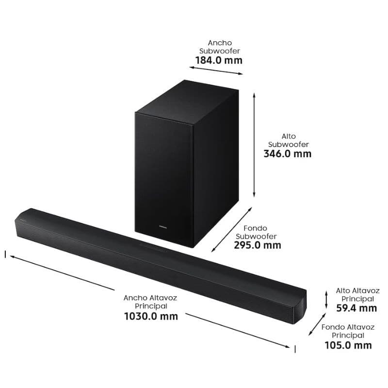 Samsung B650F Serie B 3.1 Subwoofer Dolby 5.1 - Barra de sonido, medidas del producto en mm
