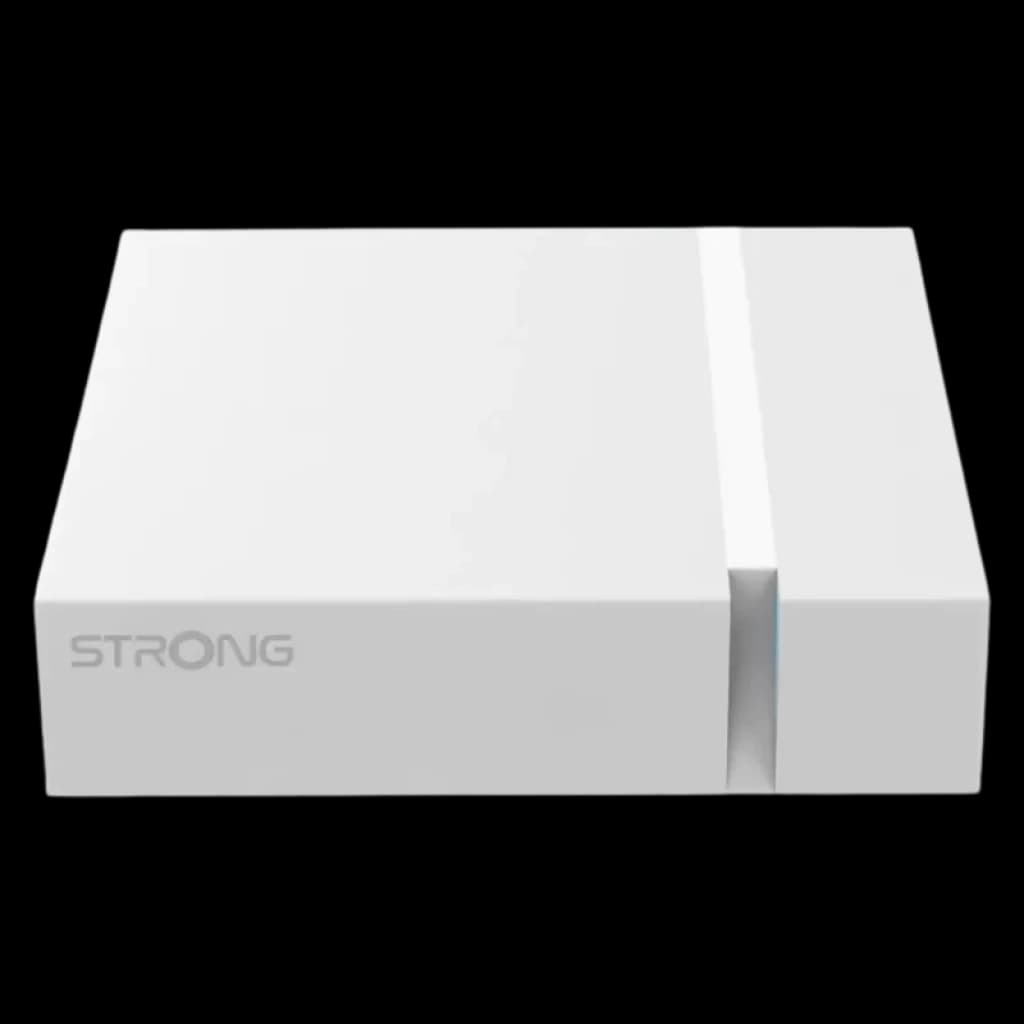 Caja TV blanca compacta Strong Leap-S3+ V2 con diseño minimalista, logo STRONG frontal y ranura luminosa vertical; acabado mate y bordes rectos