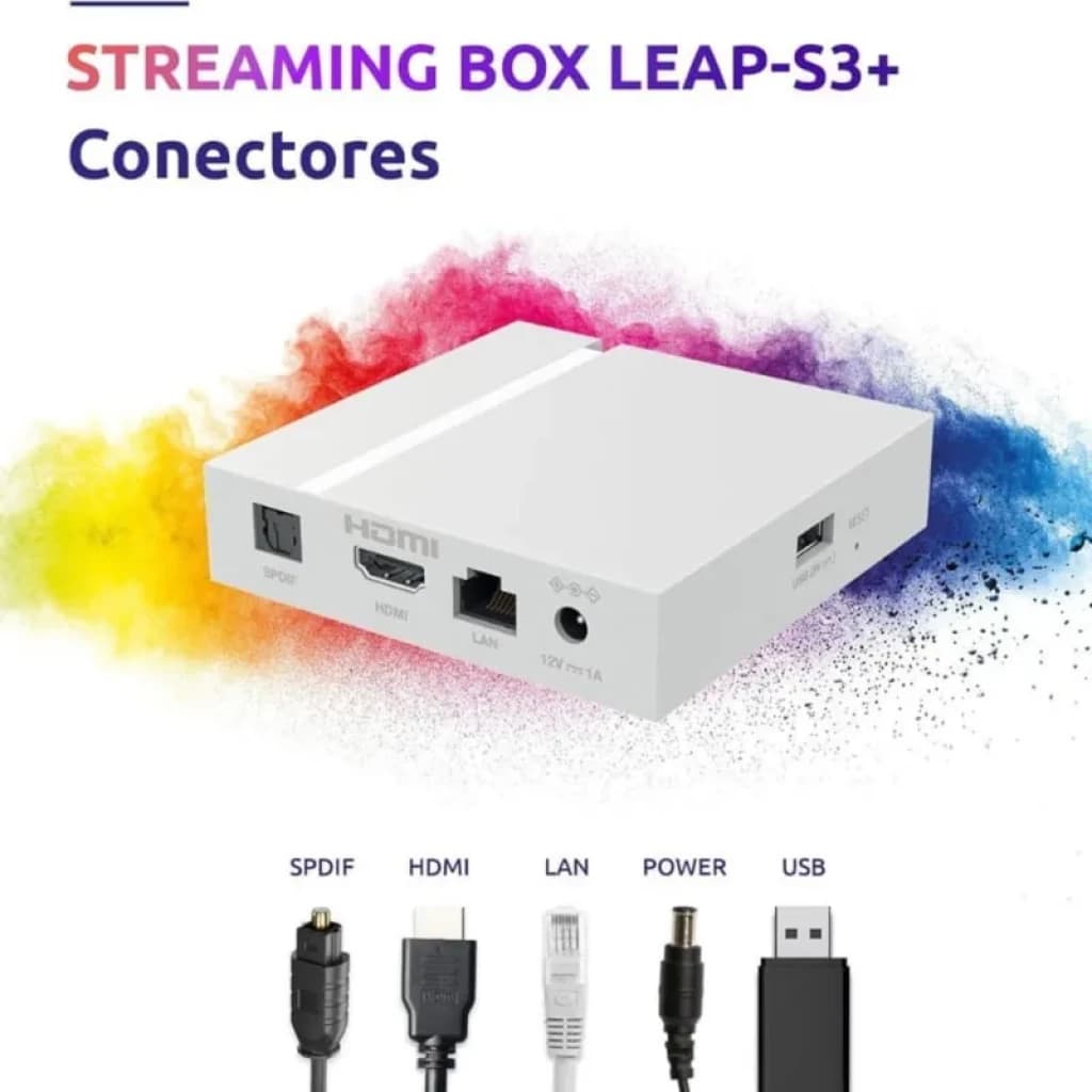 Strong Leap-S3+ V2 2GB/16GB Android 11 Android TV, caja blanca con puertos traseros: SPDIF, HDMI, LAN, power 12V 1A y USB; cables correspondientes visibles