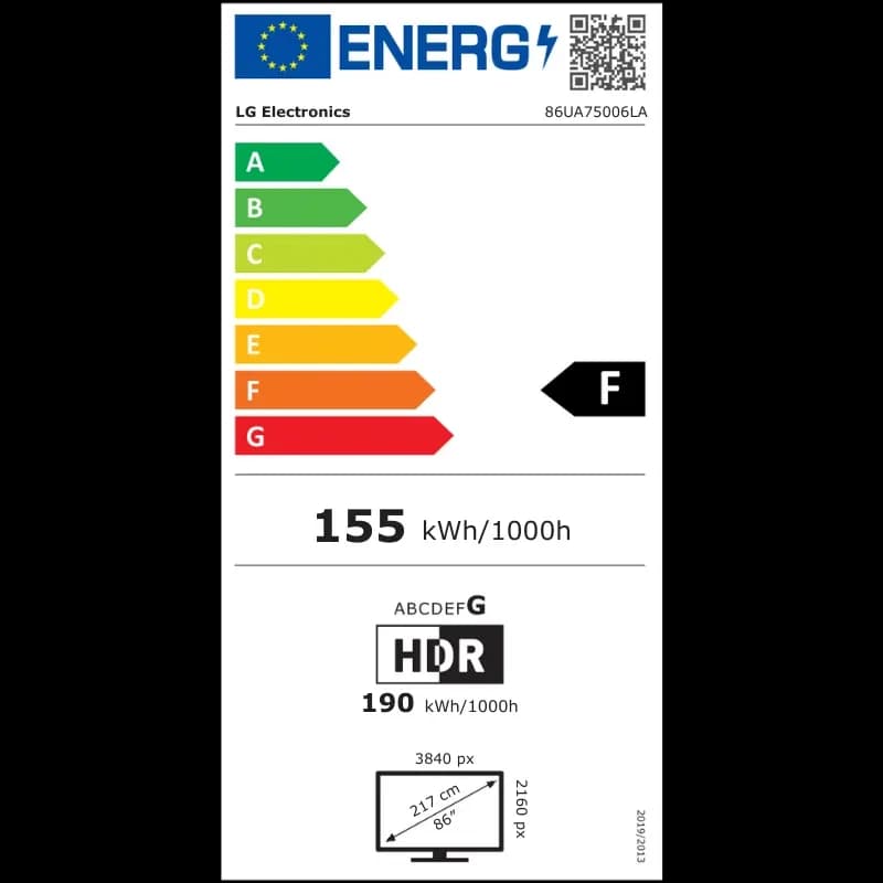 LG 86UA75006LA 86 pouces 4K Ultra HD LED, étiquette énergie classe F, HDR, résolution 3840x2160, diagonale 217 cm, 155 kWh/1000 h