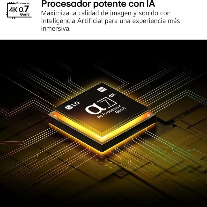 Processeur IA α7 4K Gen8 de LG sur carte électronique, puce lumineuse dorée optimisant image et son pour expérience 4K Ultra HD immersive du téléviseur