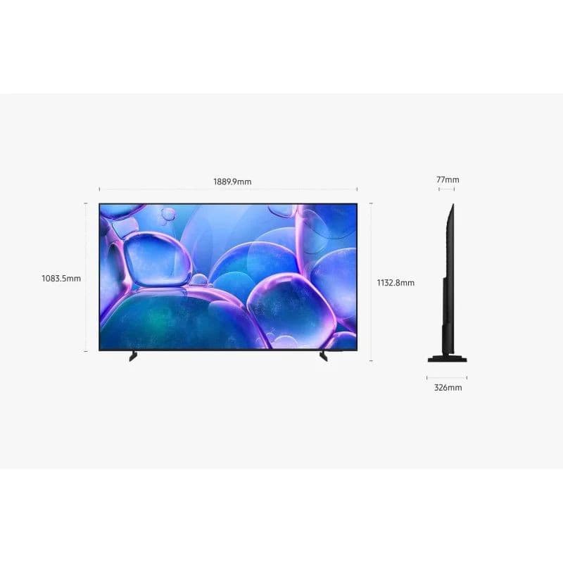 Samsung TU85U7025FK 85" 4K Ultra HD LED Smart TV Negro, medidas en mm, vista frontal y lateral