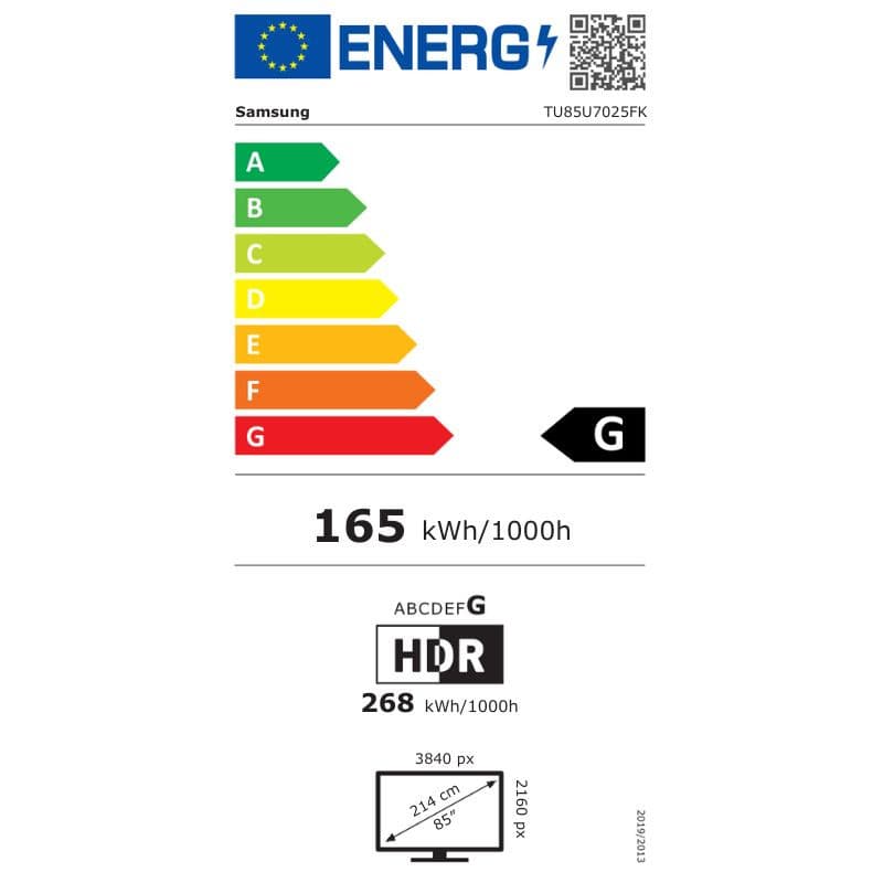 Samsung TU85U7025FK 85" 4K Ultra HD LED Smart TV Negro, etiqueta energética